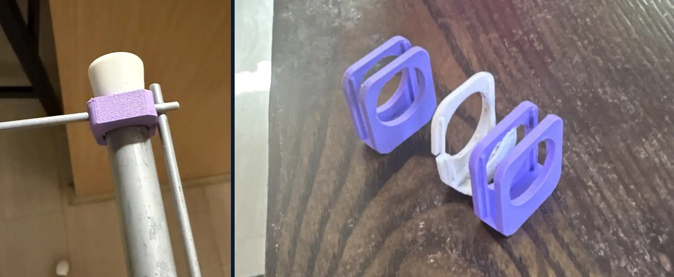 Purple 3D-printed replacement clip installed on a drying rack post, and two new clips beside the cracked white original